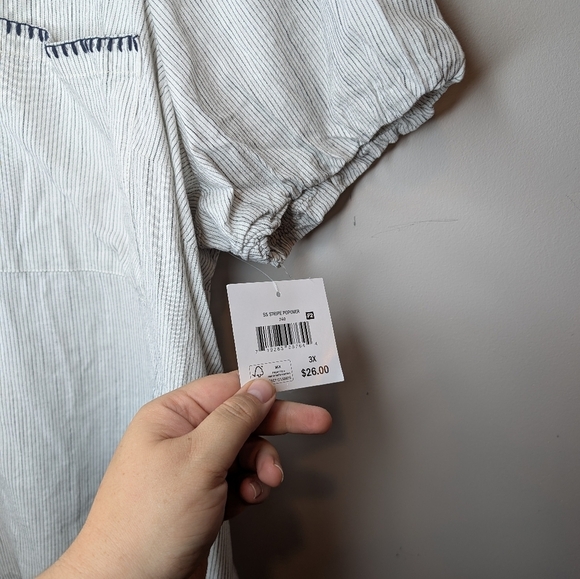 NWT Falls Creek White Navy Boho Striped Short Puff Sleeve Shirt Blouse 3XL Plus - Picture 8 of 12